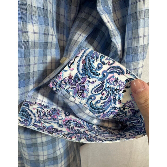 Ted Baker Endurance Flip Cuff Shirt 16.5 34/35 Blue Plaid Cotton Button LS A38 - Picture 3 of 8